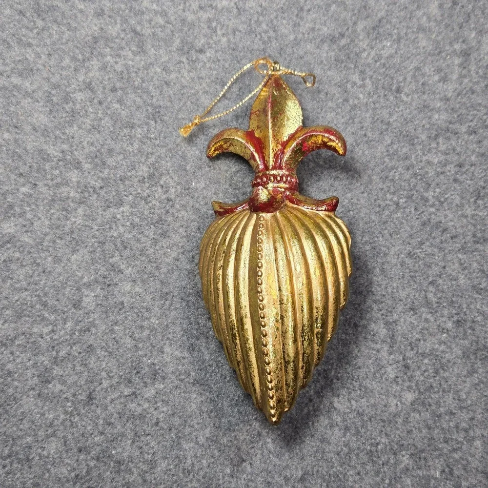 Vintage Fleur De Lis Christmas Ornament Gold Red Antiqued Teardrop 6 Inch